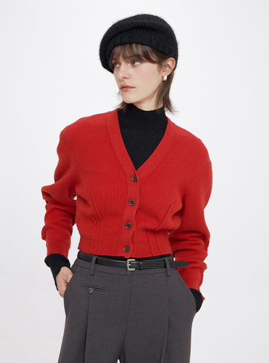 Cropped Knit Cardigan in Red VK3WD250-63