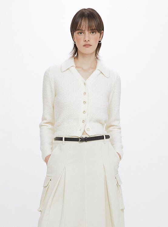 Open Collar Knit Cardigan in Ivory VK3WD261-03