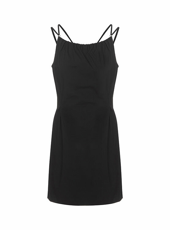 Neck Shirring Fit Mini Dress in Black VW4MO222-10