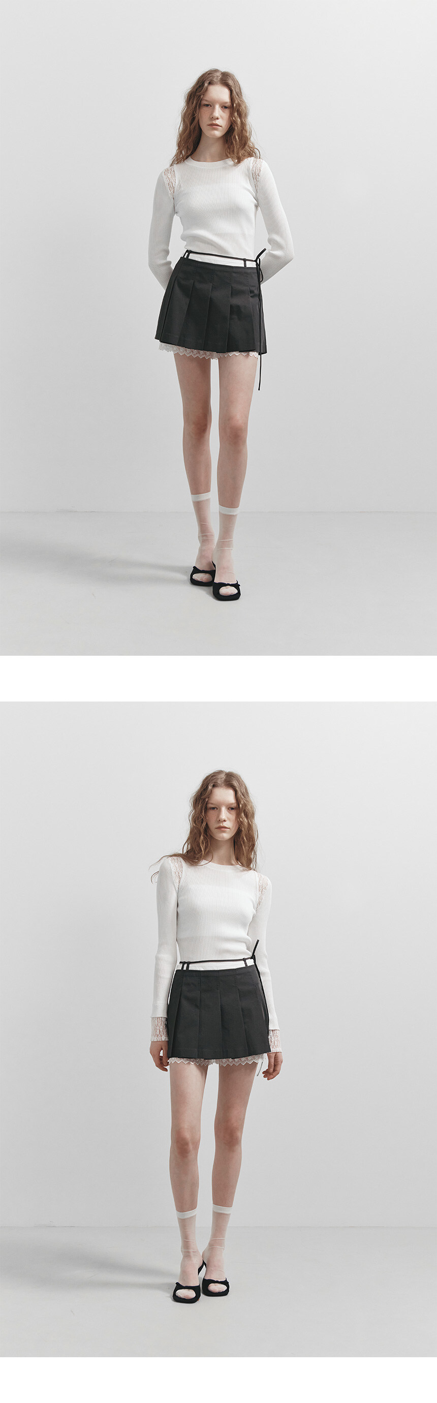 Lace Layered Pleats Skirt in D/Khaki VW5SS461-43 - 레이브